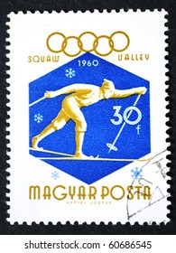 HUNGARY - CIRCA 1960: A Stamp Printed In Hungary Shows Image Celebrating The 1960 Winter Olympics In Squaw Valley, Series, Circa 1960