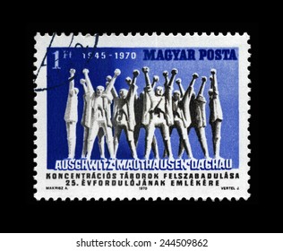 HUNGARY - CIRCA 1970: Canceled Stamp Printed In Hungary, Shows Monument To Hungarian Martyrs, Circa 1970. 25th Anniversary Of The Liberation Of The Concentration Camps Auschwitz, Mauthausen, Dachau.