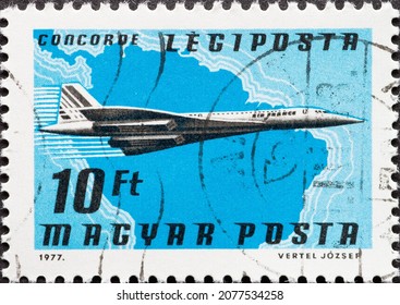 HUNGARY - CIRCA 1977: A Post Stamp Printed In Hungary Showing A Concorde Jet Plane, Air France, South America