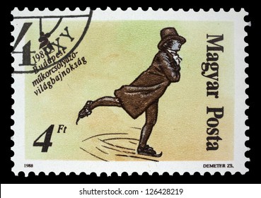 HUNGARY - CIRCA 1988: A Stamp Printed In Hungary, Shows Skaters From 19th Century, With Inscription And Name Of Series 