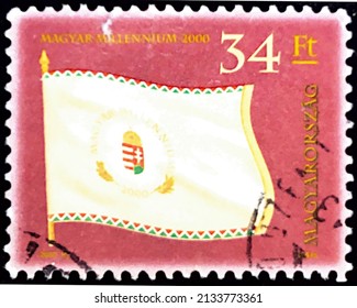 Hungary, circa 2000: Postage stamp from the Hungarian Millennium series showing Hungarian flag.