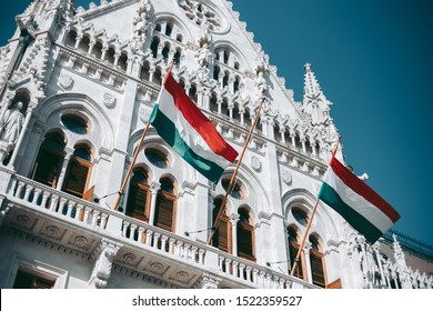 Hungary Flag On The Facade Of The Budapest Parliament Building