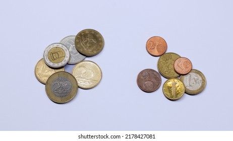 Hungary Forint Coins And Euro Coins, White Background