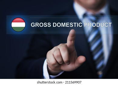 Hungary Gross Domestic Product Concept. GDP. Man Pressing Virtual Button With Flag Icon