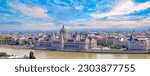 Hungary, panoramic view of the Parliament and Budapest city skyline of historic center.