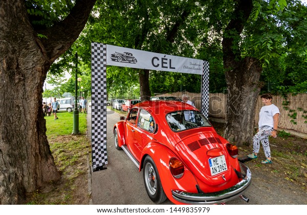 Hungary Szodliget Jun 22 2019: Vintage VW\
bug  sedan model on display in a mint\
condition