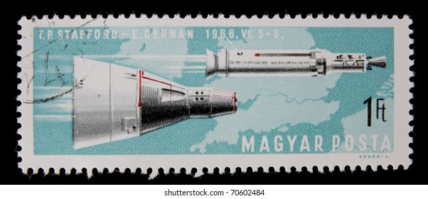 HUNGARY-CIRCA 1966 : A Post Stamp Printed In Hungary Devoted Team Gemini IX With Thomas P. Stafford And Eugene Cernan, Circa 1966