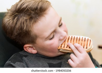 A Hungry Boy Eating A Hot Dog At Home Kid Eats A Hot-dog Sandwich.Indoors Shot.Closeup.