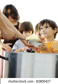 Hungry Children In Refugee Camp, Distribution Of Humanitarian Food