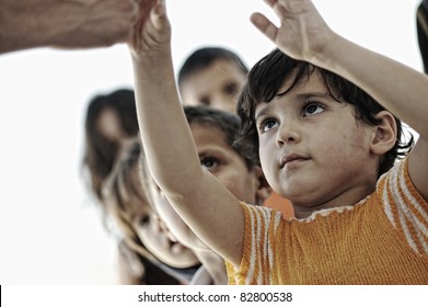 Hungry Children In Refugee Camp, Distribution Of Humanitarian Food