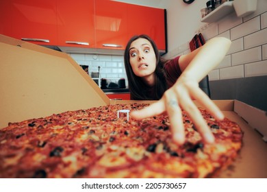 
Hungry Craving Woman Reaching For An Enormous Pizza
Gourmand Girl Having A Large Snack Full Of Carbs All By Herself
