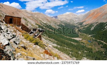 The Hungry Five Mine clings perilously to the side of a the mountain, part of the Mosquito Range of the Colorado Rockies, near the towns of Alma, Fairplay, and Breckenridge, Colorado.