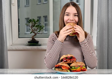 Hungry Girl Eating Vegan Sandwich 