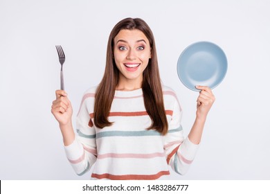 Hungry Lady Holding Spoon And Empty Plate Ready For Dinner Wear Striped Pullover Isolated White Background