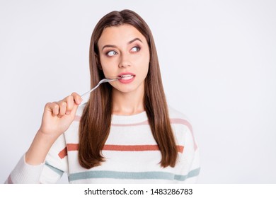 Hungry Lady Holding Spoon Into Mouth Want To Know What Is On Supper Wear Striped Pullover Isolated White Background