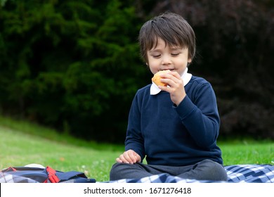 Hungry Little Boy Eating Fresh Tortilla Wraps With Chicken, Bacon And Mixed Vegetables, Cute School Boy Siting Having A Picnic In The Park, Kid Eating Mexican Sandwich Food For His Dinner 