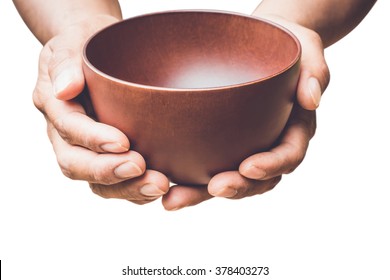 a hungry man holding an empty bowl on white background