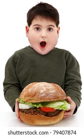 Hungry Obese Fat Boy Child With Giant Hamburger Over White.