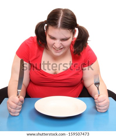Hungry obese woman with empty plate. Funny picture on diet theme. 