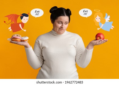 Hungry overweight woman on diet making choice between donuts and apple, tempted by devil and supported by angel over orange studio background, collage. Choosing healthy or unhealthy foods