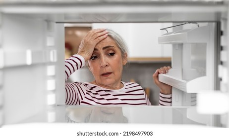 Hungry Senior Woman Looking Inside Of Fridge With Empty Shelves And No Food, Desperate Elderly Female Opening Refrigerator And Touching Head, Starving Lady Suffering Life Crisis, View From Inside