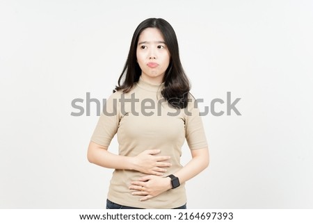 Hungry want to eat and touch stomach Of Beautiful Asian Woman Isolated On White Background