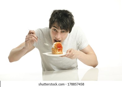 Hungry Young Man Eating A Cream Cake, Man Tasting Sweets