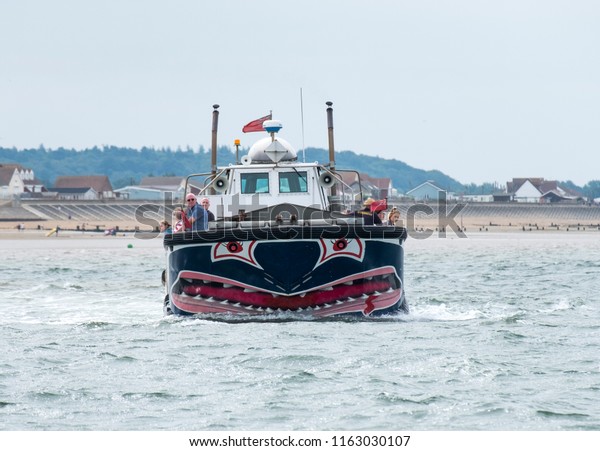 Hunstanton, Norfolk, UK 08/21/2018 The
Wash Monster amphibious vehicle under way in the
sea