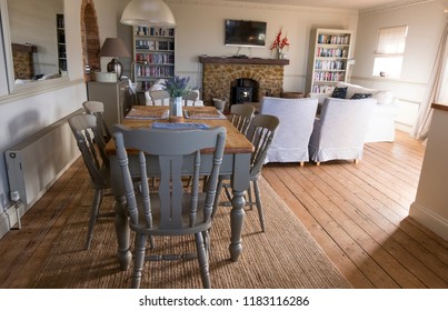 Hunstanton, Norfolk, UK 08/23/2018 Country style living room interior table and chairs