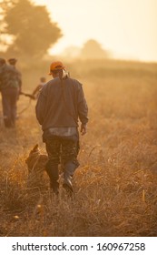 Hunter and his dog walking on field during quail hunt