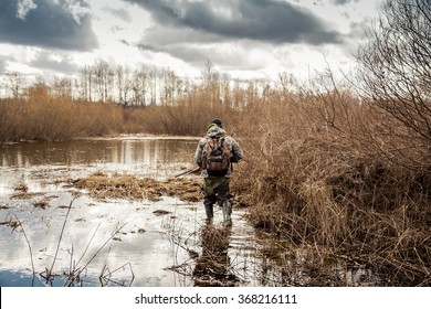 hunter man creeping in swamp during hunting period