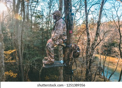 A Hunter Sitting In A Tree Stand With The Sunlight Poking Through The Trees And A River Flowing Behind