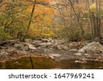 Hunting Creek flows through a forest in the Catoctin Mountain Park in Maryland during the fall season.