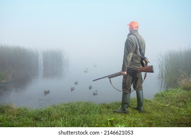  Hunting with ducks decoy on lake. man out hunting