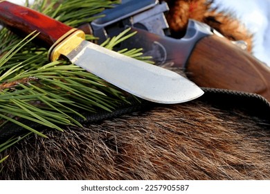 A hunting firearm and cold steel with pine branches and an elk horn. A unique image for decoration