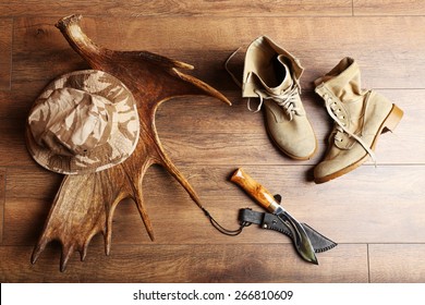 Hunting Gear On Wooden Background