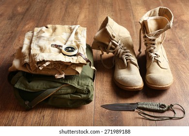 Hunting Gear On Wooden Background