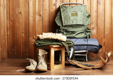 Hunting Gear On Wooden Background