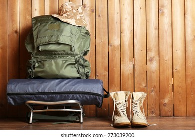 Hunting Gear On Wooden Background