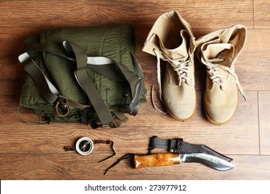 Hunting Gear On Wooden Background