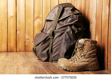 Hunting Gear On Wooden Background