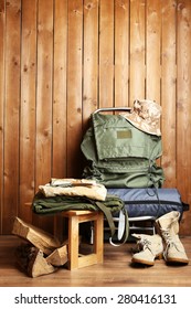 Hunting Gear On Wooden Background