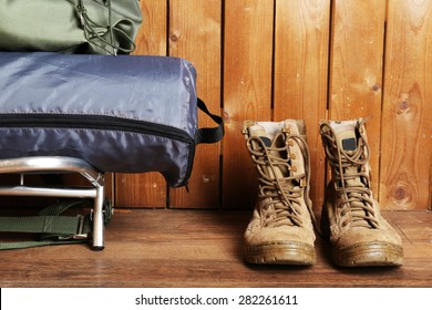 Hunting Gear On Wooden Background