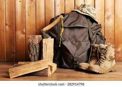 Hunting Gear On Wooden Background