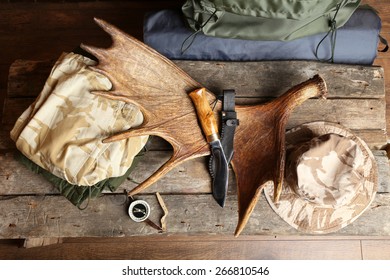 Hunting Gear On Wooden Board, Top View