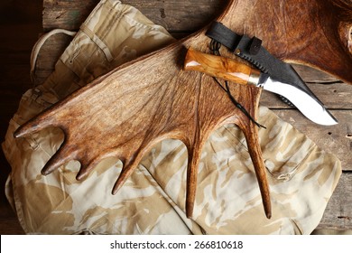 Hunting Gear On Wooden Board, Top View