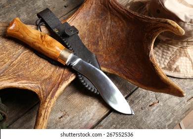 Hunting Gear On Wooden Board, Closeup