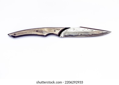 Hunting Knife On A White Background, Damascus Steel Blade, Metal Handle, Author's Handmade