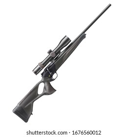 Hunting Rifle Isolated. Bolt Action Single Shot Rifled Gun. Hunting Weapon With Mounted Telescopic Sight. Long-Barrelled Firearm With Recoil Absorption System Or Adjustable Comb, Adjustable Recoil Pad