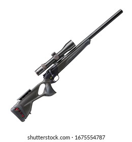 Hunting Rifle Isolated. Single Shot Bolt Action Rifled Gun. Hunting Weapon With Mounted Telescopic Sight. Long-Barrelled Firearm With Recoil Absorption System Or Adjustable Comb, Adjustable Recoil Pad